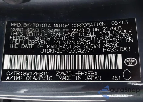2013 Toyota Prius Plug-In from USA, damaged, VIN JTDKN3DP9D3042576